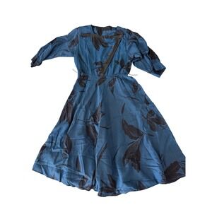 Brioche California Vintage Midi Dress Womens 12 Blue Black Leaf Chevron Rayon